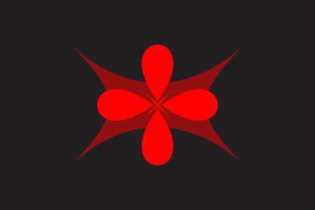 Stylized Red Flower Design
This image features a highly stylized four-petal flower , or quatrefoil, rendered in a deep, rich red against a dark charcoal-grey background. The desの写真素材