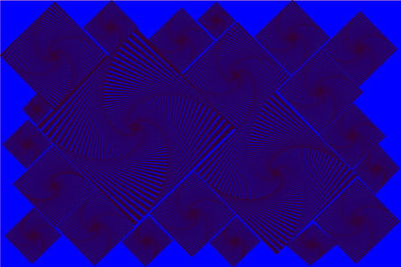 A complex geometric artwork featuring layered spiral patterns arranged in a diamond grid over a vivid blue background. Repeating lines form hypnotic fractal-like shapes with depthの写真素材