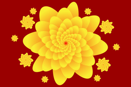A radiant golden flower formed by layered spiral petals blooms against a deep red background. Smaller spiral blossoms surround it, creating a warm, glowing, harmonious abstract floral composition.の写真素材