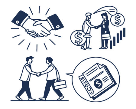 Business people shaking hands. Successful deal, contract, handshake, contract. Linear vector illustrations.のイラスト素材
