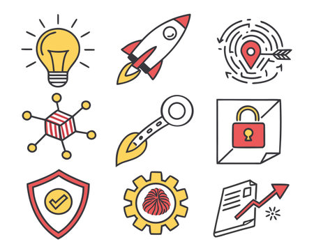 Set of flat line icons on the theme of business, development and startup.のイラスト素材