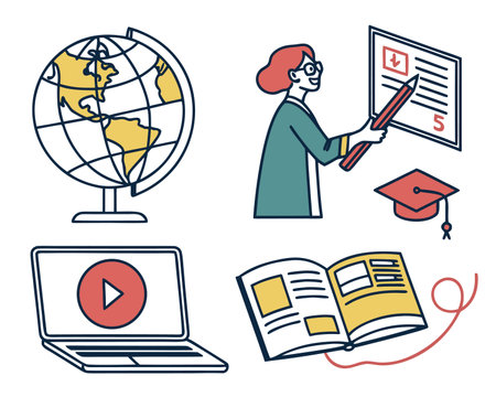 Vector illustration of online education and learning. Flat line style design.のイラスト素材