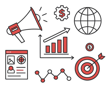 Marketing and advertising icons set. Vector illustration in thin line style.のイラスト素材