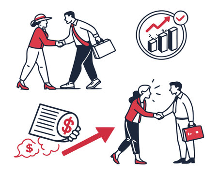 Businessman and businesswoman shaking hands. Concept of teamwork, cooperation, partnership. Vector illustrationのイラスト素材