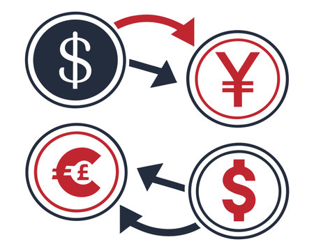 Currency exchange icons. Dollar, Euro, Pound and Yen. Vector illustrationのイラスト素材