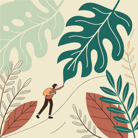 Vector illustration of a man climbing a tree in the jungle. Flat style.のイラスト素材