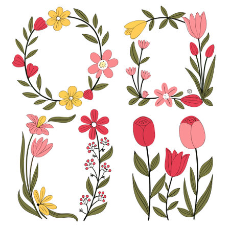 Floral set with flowers and leaves. Hand drawn vector illustration.のイラスト素材