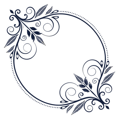 Black and white round frame with floral silhouettes. Copy space. Vector clip art.のイラスト素材