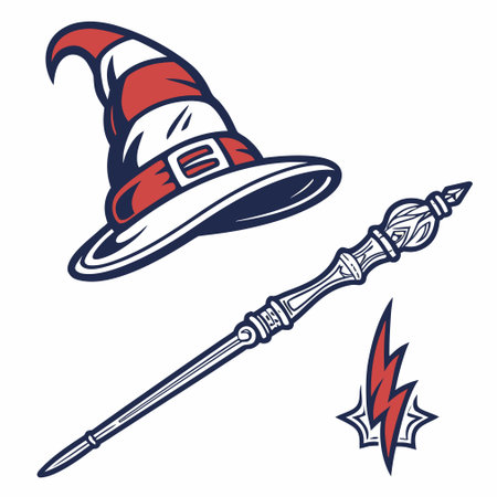 Witch hat and magic wand. Vector illustration isolated on white background.のイラスト素材