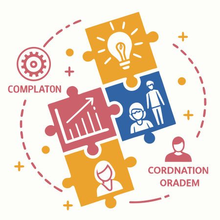 Colored puzzle pieces with icons of people, lightbulb, chart, graph, business man and womanのイラスト素材