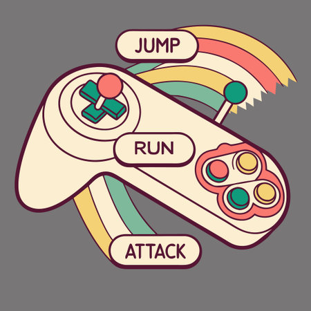 Retro video game controller and buttons. Colorful vector illustration.
