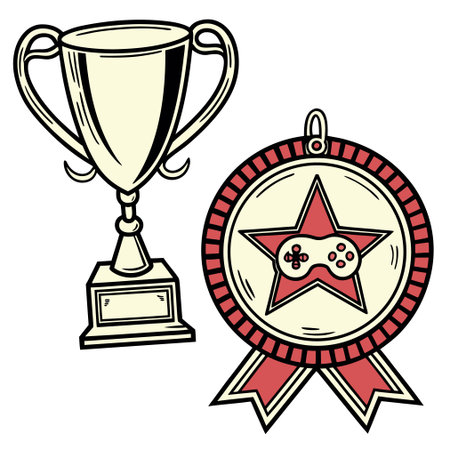 Trophy cup with medal and star. Hand drawn vector illustration.のイラスト素材
