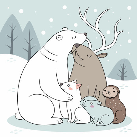 Polar bear family in winter forest. Vector illustration in cartoon style.のイラスト素材