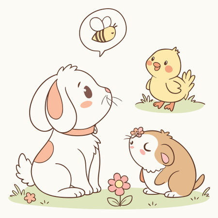 Vector illustration of cute rabbits and chickens on the meadow. Cartoon style.のイラスト素材
