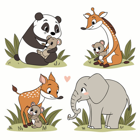 set of cute animals on the meadow. vector illustration in cartoon styleのイラスト素材