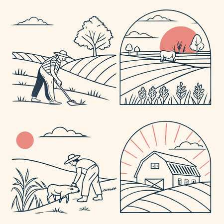 Vector illustration of a farmer working in the field. Linear style.のイラスト素材