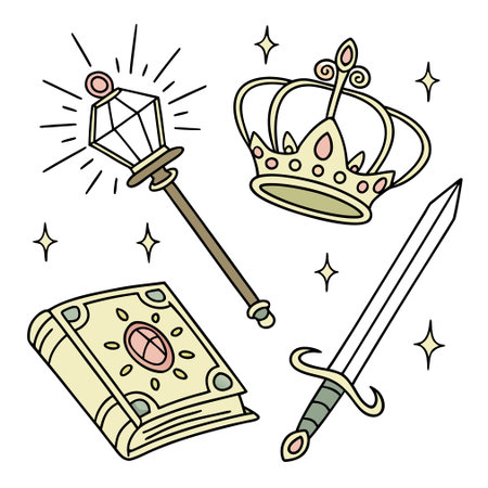 Crown, sword and book. Vector illustration in doodle style.のイラスト素材