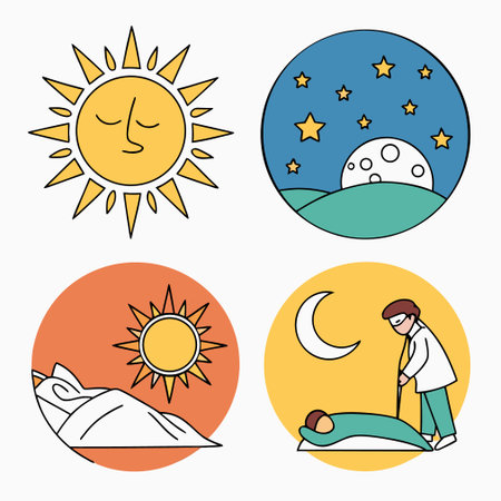 Set of sun, moon and stars icons. Vector illustration in flat styleのイラスト素材