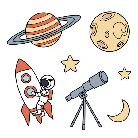 Astronaut, moon, stars, telescope and planets. Vector illustration.のイラスト素材