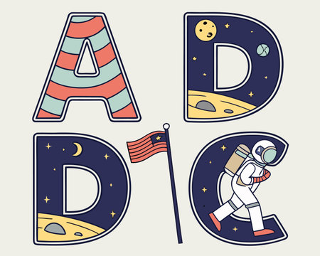 Alphabet with astronaut and letter A. Vector illustration in retro style.のイラスト素材