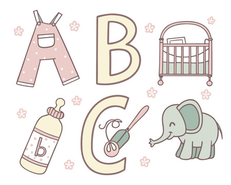 Vector set of cute baby items in cartoon style. Baby shower.のイラスト素材