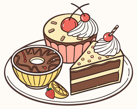 Illustration of a cake and a cupcake with a cherry on topのイラスト素材