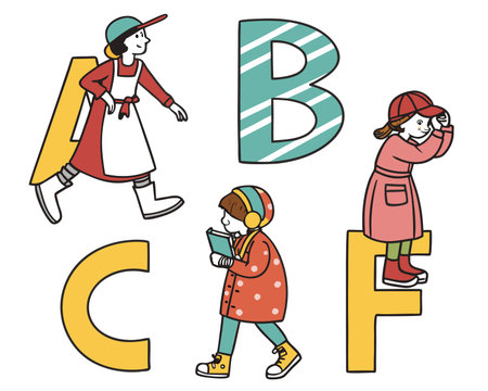 Vector illustration of a boy and girl with the letters B, C, D.のイラスト素材
