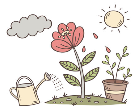 Hand drawn vector illustration of a watering can and flower in the gardenのイラスト素材