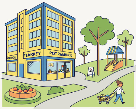 Vector illustration of a shopping cart and a supermarket in the city.のイラスト素材