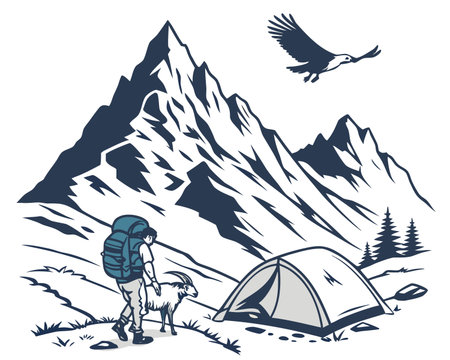 Hiker with a backpack and a dog in the mountains. Vector illustrationのイラスト素材