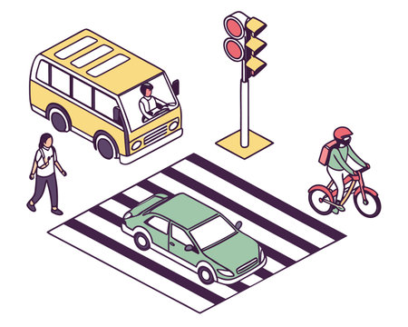 Isometric people on the road. Traffic light, car, cyclist, bus, pedestrian.のイラスト素材