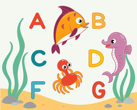 alphabet A B C G letters with cartoon fish and octopusのイラスト素材