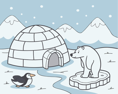 Illustration of a polar bear and a penguin in an iglooのイラスト素材