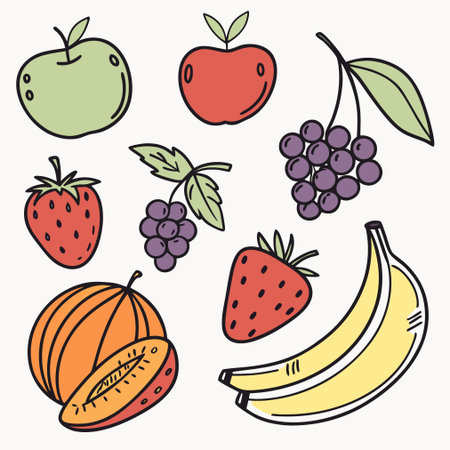 Set of hand drawn fruits and berries. Vector illustration in doodle style.のイラスト素材
