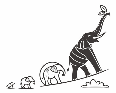 Elephant balancing on a seesaw, black and white vector illustrationのイラスト素材
