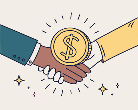 Handshake and dollar coin. Vector illustration in thin line style.のイラスト素材