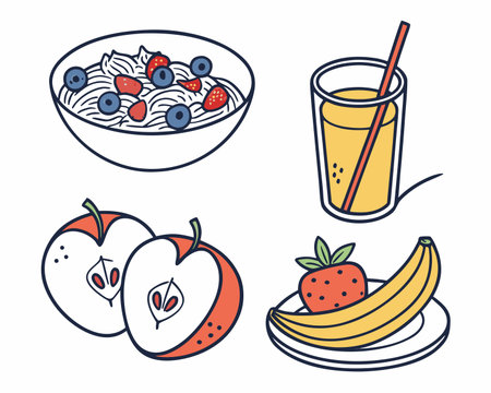 Healthy breakfast set with fruits and smoothie. Vector illustration.のイラスト素材