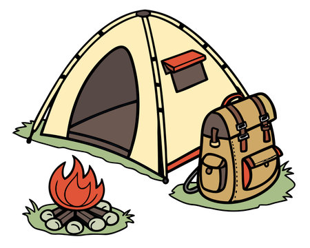 Camping tent with backpack and bonfire. Vector illustration of camping equipment.のイラスト素材