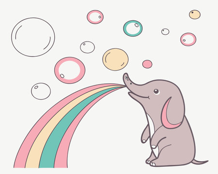 Illustration of elephant playing with soap bubbles and rainbow in the backgroundのイラスト素材
