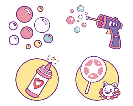 Set of vector icons with bubble blower, water gun and soap bubblesのイラスト素材