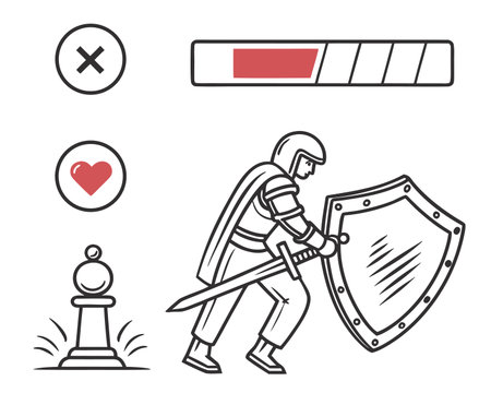 Knight with sword, shield and loading bar. Line art vector illustration.のイラスト素材