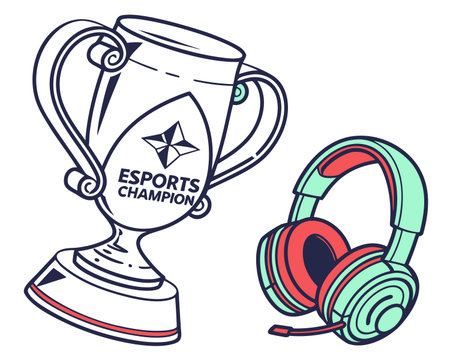 Hand drawn illustration of a trophy cup, headphones and earphones.のイラスト素材