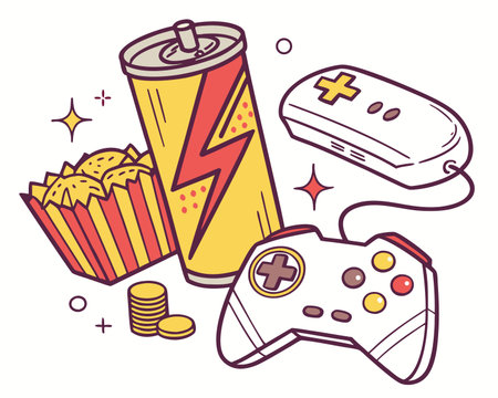 Gamepad, popcorn and soda can. Vector illustration in line styleのイラスト素材