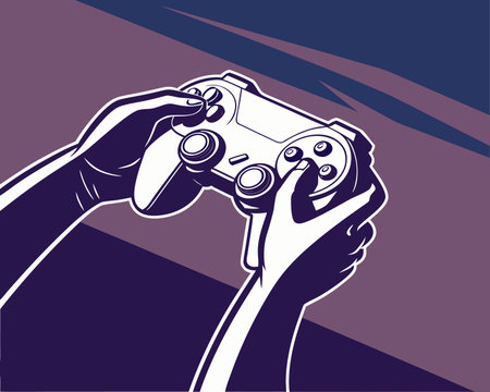 hands holding a gamepad in front of a purple background, vector illustrationのイラスト素材