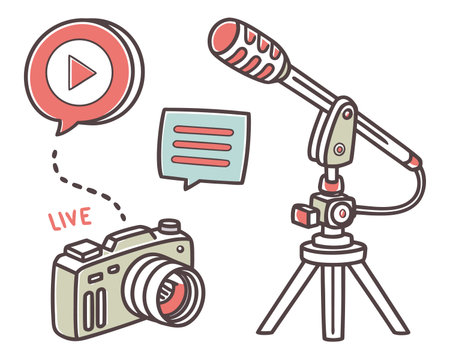 Vector illustration of microphone and camera with speech bubbles on white background.のイラスト素材