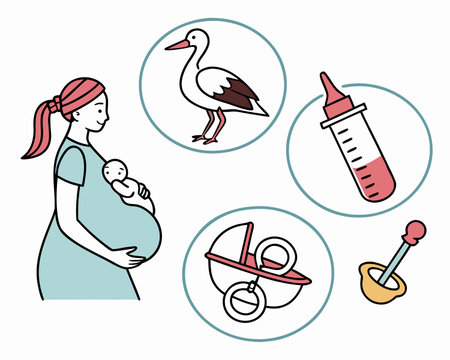 pregnant woman with baby stork and icons vector illustration designのイラスト素材