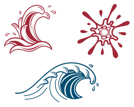Set of four waves with splashes and sun. Vector illustration.のイラスト素材
