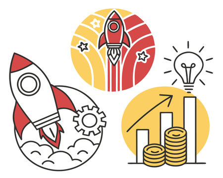 Startup business icons set. Line art vector illustration of rocket, coin and lightbulbのイラスト素材