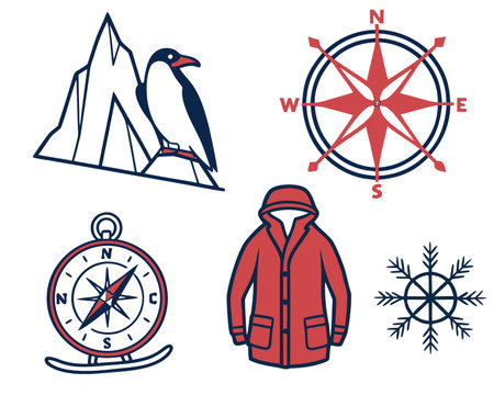 Set of wind rose, compass, mountain and penguin. Vector illustrationのイラスト素材