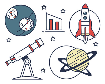 Astronomy and science icons set. Vector illustration in linear styleのイラスト素材
